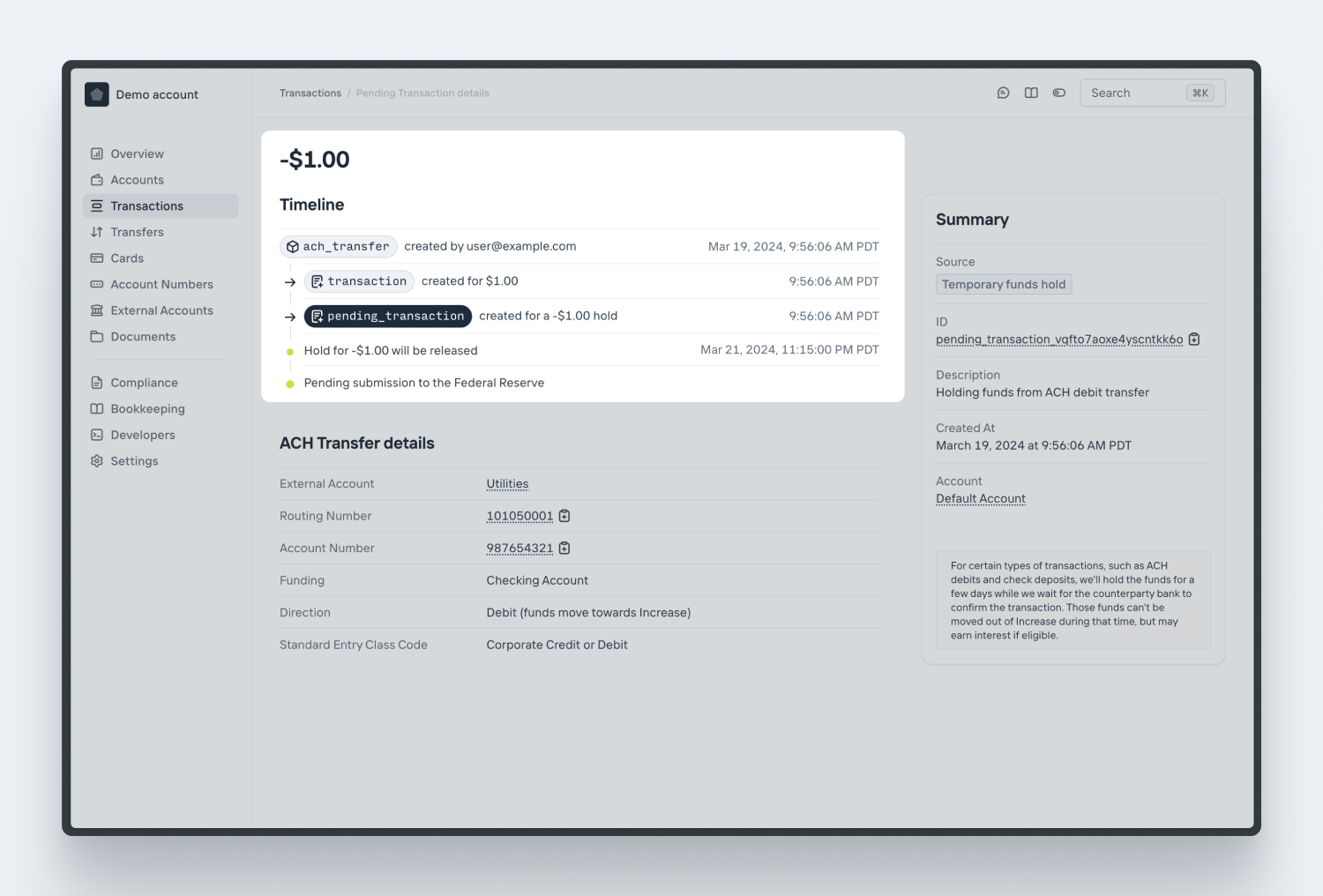 Dashboard funds holds